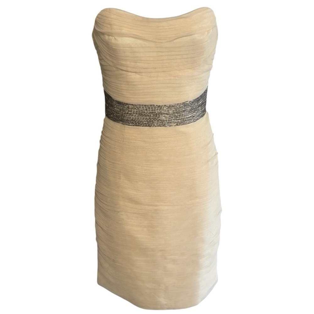 MONIQUE LHUILLIER Strapless Tulle Beaded Dress Gown Gala Cocktail Party Size 6